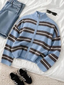 Sunspun Cardigan Wanita Ukuran Besar dengan Motif Garis-Garis Blok Warna dan Resleting, Cocok untuk Pakaian Musim Gugur/Musim Dingin - MultiWarna - View 7