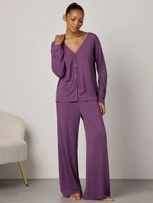 Ocili 極簡舒適無領軟質女款居家服套裝 - 紫丁香色 - 查看 6