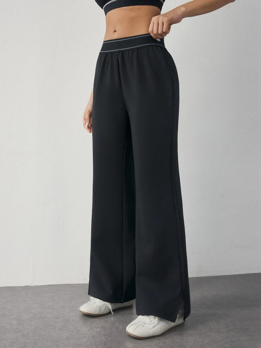 SHEIN Dewbera Casual Versatile Black High-Elastic Webbing Side Slit Design Comfortable Slimming Sports Long Pants - Black - View 1