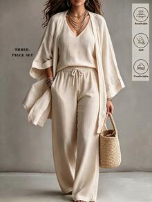 Linhara CURVE Plus Size Faux Cotton Textured Fabric Ruffle Sleeve Long Sleeve Open Front Kimono Cardigan + Simple Camisole Top + Elastic Waist Loose Straight Leg Pants 3-Piece Set Casual Outing Date Party Daily Commute Outfit - Apricot - View 1