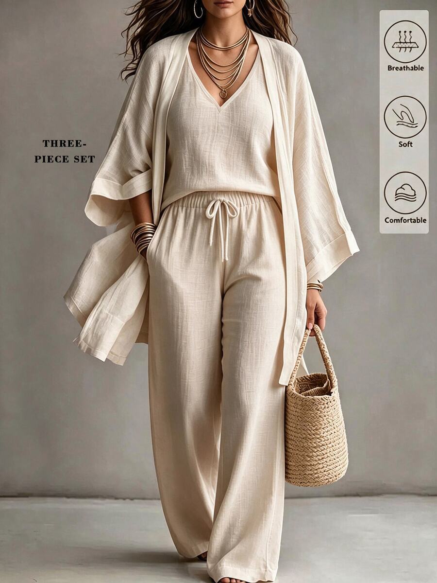 Linhara CURVE Plus Size Faux Cotton Textured Fabric Ruffle Sleeve Long Sleeve Open Front Kimono Cardigan + Simple Camisole Top + Elastic Waist Loose Straight Leg Pants 3-Piece Set Casual Outing Date Party Daily Commute Outfit - Apricot - View 1