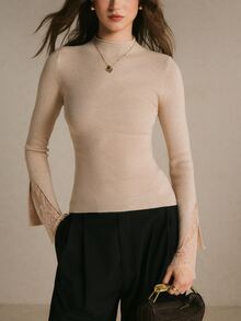 Poéselle Women's Lace Patchwork Casual Daily Long Sleeve Sweater - Apricot - View 6