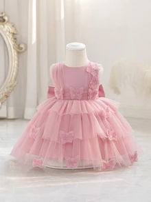 SHEIN Glamorique Kids 女嬰蝴蝶3D裝飾薄紗蛋糕裙，粉色夏季可愛優雅花童裙，適合婚禮與生日 - 藕粉色 - 查看 1