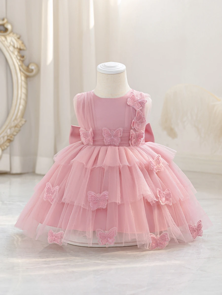 SHEIN Glamorique Kids 女嬰蝴蝶3D裝飾薄紗蛋糕裙,粉色夏季可愛優雅花童裙,適合婚禮與生日 - 藕粉色 - 查看 1