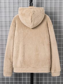 SHEIN 青少年男孩休閒字母刺繡半前開連帽抓絨衛衣，保暖適合秋冬返校季 - 卡其色 - 查看 2