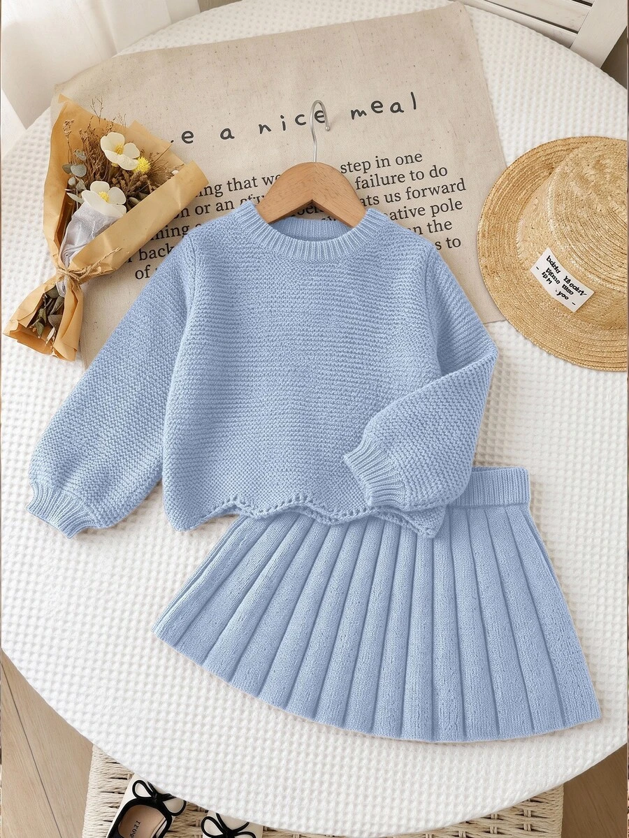 Souflis Young Girl Outfit Set Light Blue Knit Sweater Long Puff Sleeve Solid Top With Pleated Skirt - Blue - View 1