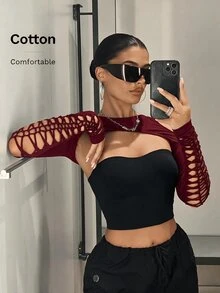 SHEIN ICON Cut Out Super Black Crop Top Without Bra - Burgundy - View 6