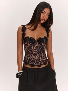 SHEIN BAE Women's Leopard Print Lace Patchwork Casual Daily Wear Top - Multicolor - View 5