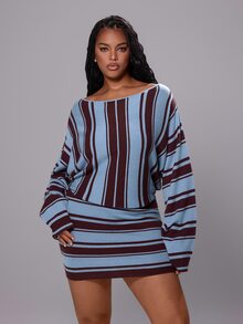 Rustia Plus Size Women Striped Off Shoulder Batwing Sleeve Knit Two Pieces Outfits, Loose Knit Top & Bodycon Mini Skirt Matching Set, Fall Winter Item - Black - View 2