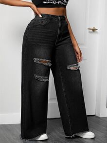 SHEIN EZwear 大尺碼街頭風鈕扣口袋水洗破洞牛仔寬腿褲 - 黑色 - 查看 6