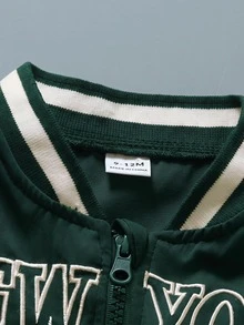 SHEIN Green Zipper Baseball Jacket, Ribbed Contrast Striped Collar, NEW YORK Letter Print, Woven Lightweight, Spring/Autumn - Dark Green - View 5