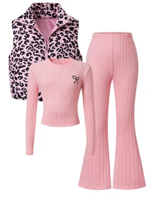 SHEIN Tween Girls 3 Pieces Set, Pink Ribbed Long Sleeve Top With Small Bow Decoration On Chest, Paired With Same Fabric Flared Pants. Outer Layer Pink Leopard Print Stand Collar Zipper Vest, Sweet And Cool Mixed Style, Vertical Ribbed Fabric Flattering , Layered Look With Rich Texture. - Multicolor - View 1