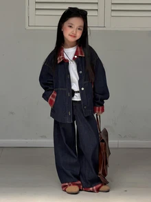 DAZY Tween Girl Patchwork Plaid Cuff Single-Breasted Denim Jacket And Jeans Casual Set - Dark Wash - View 6
