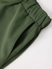 Linhara Plus Size Women's Army Green Printed Chiffon Round Neck Long Sleeve Ruched Rhinestone Button Decor Asymmetrical Hem Top And Long Wide Leg Pants 2 Pieces Set, Suitable For Daily Commute, Date, Vacation, Light Luxury Loose Drape Comfortable Plus Size Women's Clothing - Army Green - View 5