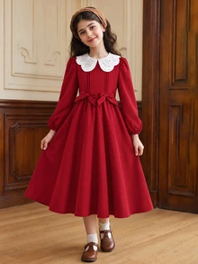 SHEIN Tween女孩秋冬紅色長袖3D蝴蝶結裝飾翻領洋裝，復古學院風精緻3D蝴蝶結裝飾翻領洋裝 - 酒紅色 - 查看 9