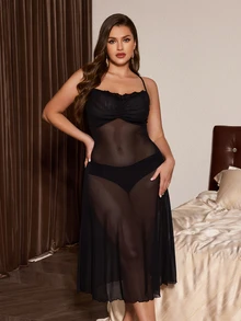 Slumberist Plus Size Mesh Lace Sheer Lace-Up Robe & Cami Sexy Nightgown 2 Pieces Pajama Set For Women - Black - View 6