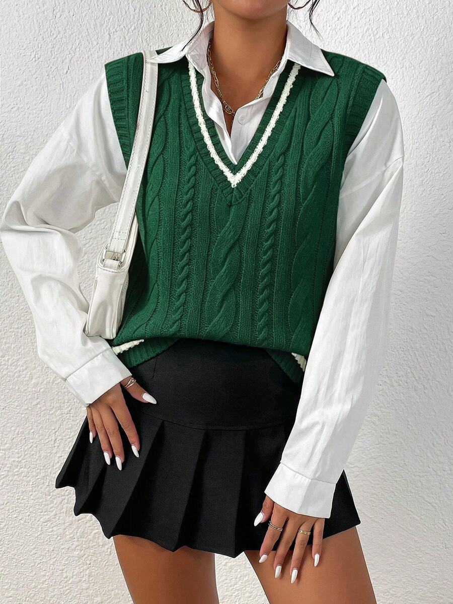 Trelyra Women's Colorblock Casual Versatile Daily Wear Knitted Vest - Dark Green - View 1