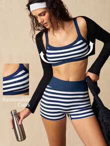 VARSIVA Women's Striped Bra And Shorts Sports Set - Navy Blue - View 2