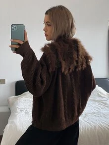 DAZY Women's Loose Casual Cardigan With Fur Collar Winter - Brown - View 4