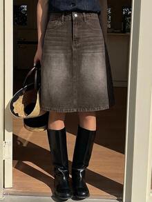 DAZY Women's Regular Mid-Waist A-Line 5-Inch Denim Skirt, Casual Elegant Everyday Skirt - Brown - View 2