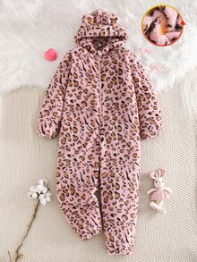 SHEIN Sparklyn 少女長袖抓絨時尚可愛豹耳連帽連身衣，適合冬季室內與戶外穿著 - 彩色 - 查看 3
