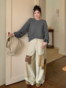Dazy Plus Dark Gray Color Block Blue Trim Crew Neck Drop Shoulder Long Sleeve Loose Casual Versatile Sweater Autumn - Dark Grey - View 2