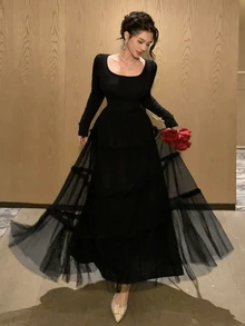 DAZY Women's Solid Color Square Neck Long Sleeve Elegant Mesh Full Skirt Dress - Black - View 7