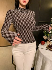 DAZY Women's Plaid Stand Collar Long Sleeve Patchwork Ruffle Fashion Blouse - Brown - View 11