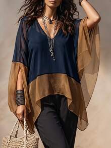Linhara CURVE Colorblock Patchwork Sheer Mesh V-Neck Cover Up, Loose Batwing Sleeve Lightweight Airy Shirt Top - Navy Blue - View 5