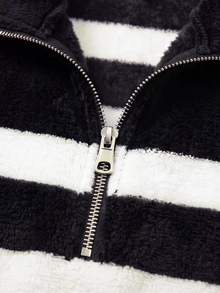 SHEIN Women's Spring/Autumn Fuzzy Horizontal Striped Half-Zip Stand Collar Loose Regular Length Weekend Street Vintage Casual Pullover Top - Black and White - View 3