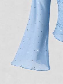 SHEIN Elladie kids 女童春秋新款背心內搭二合一露肩亮片網紗長袖上衣，時尚優雅甜美可愛 - 藍色 - 查看 4