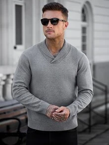 Manfinity CasualCool Men's Textured Knit Pullover Sweater, Business Casual Solid Color Minimalist Knitwear - Grey - View 5