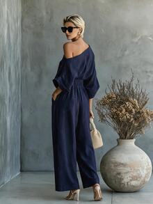 SHEIN Franclia 新款亞麻舒適不對稱單肩上衣與寬腿褲女款兩件套 - 藏蓝色 - 查看 2