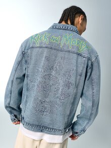 Rick and Morty X SHEIN Men's Letter Print Long Sleeve Single-Breasted Casual Denim Jacket - Blue - View 1