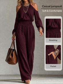 Omancia Jumpsuit Wanita Warna Polos dengan Detail Kerut dan Bahu Terbuka, Model Kasual untuk Pemakaian Sehari-hari di Musim Gugur/Dingin - Burgundy - View 5
