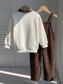 SHEIN 兒童小男孩/小女孩 2件組秋冬休閒時尚運動衫套裝，POLO領運動衫搭配綠色燈芯絨吊帶褲套裝，小男孩秋冬服飾套裝，Squishy - 卡其色 - 查看 2
