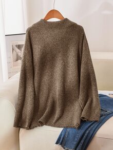 CosyJoli 大尺碼女款純色翻領長袖寬鬆休閒套頭毛衣 巧克力棕色女款毛衣 V領棕色領口毛衣 秋冬款 - 駝色 - 查看 3
