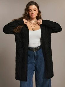 Freevana Women's Open Front Hooded Cardigan - Solid Color Black Cable Knit Sweater - Long Coats - Black - View 4