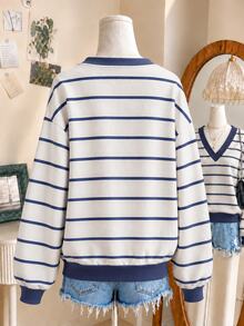 SHEIN Plus Size Women V-Neck Striped Casual Daily Wear Sweatshirt - Multicolor - View 2