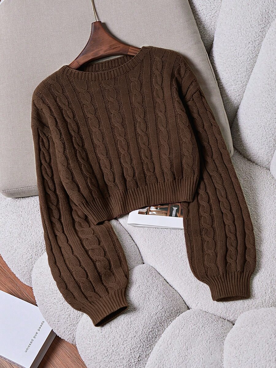 Trelyra Women's Round Neck Dropped Shoulder Long Sleeve Cable Knit Cropped Sweater - Chocolate Brown - View 1