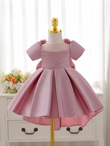 SHEIN Glamorique Kids Baby Girl Satin Train 3D Flower Back Bow Decor Party Princess Dress - Dusty Pink - View 3