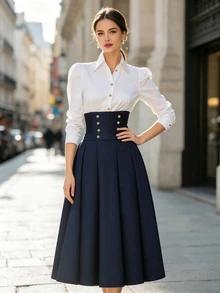 SHEIN Women's Fall Winter Color Block Midi Dress Collared Puff Long Sleeve Corset Gold Button Pleated A Line Elegant Office Dress - Navy Blue - View 5
