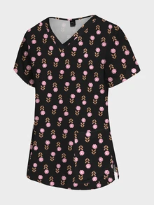 PopScrub Women's All-Over Print Casual Daily Scrub Uniform Top - Multicolor - View 3