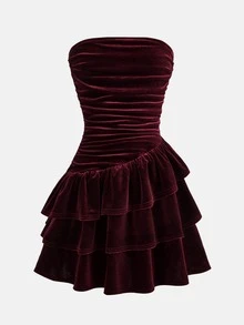 Girlism Tween Girl Tween Girls Burgundy Velvet Simple Comfortable Layered Ruffle Hem Strapless Puff Dress - Burgundy - View 6
