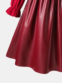SHEIN Tween Girl Knit Solid Color Small Stand Collar Patchwork Woven Solid Color PU Leather Hem Casual Dress - Multicolor - View 5
