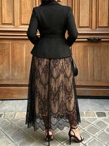 Cravure Plus Size Elegant Belted Blazer & Contrast Lace Midi Skirt Two Pieces Outfit - Black - View 2