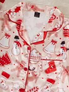 Dream Adore Soft Pink Gingerbread Man & Reindeer Christmas Pattern Satin Long Sleeve Top & Pants Set - Red - View 5