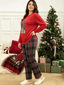 Doze Lane Plus Size Women's Casual Knit Christmas Home Wear Pajama Set - Red - View 6