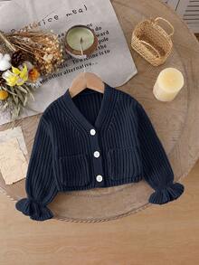 SHEIN 1pc Baby Girls' V-Neck Sweater,Light Beige,Autumn,Cute,Family Matching Knit Cardigan Jacket With Symmetrical Pockets,Ruffle Hem,Ribbed Cuffs,Soft Knit - Navy Blue - View 1