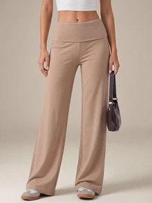 SHEIN Tall 黑色高腰寬腿寬鬆休閒長褲 - 卡其色 - 查看 5